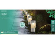 Perspektive von der Seite: Set von 10 Solar Stabbeleuchten aus Edelstahl, warmweißes Licht, solarbetrieben, keine Steckdose erforderlich, mit austauschbarer Batterie.