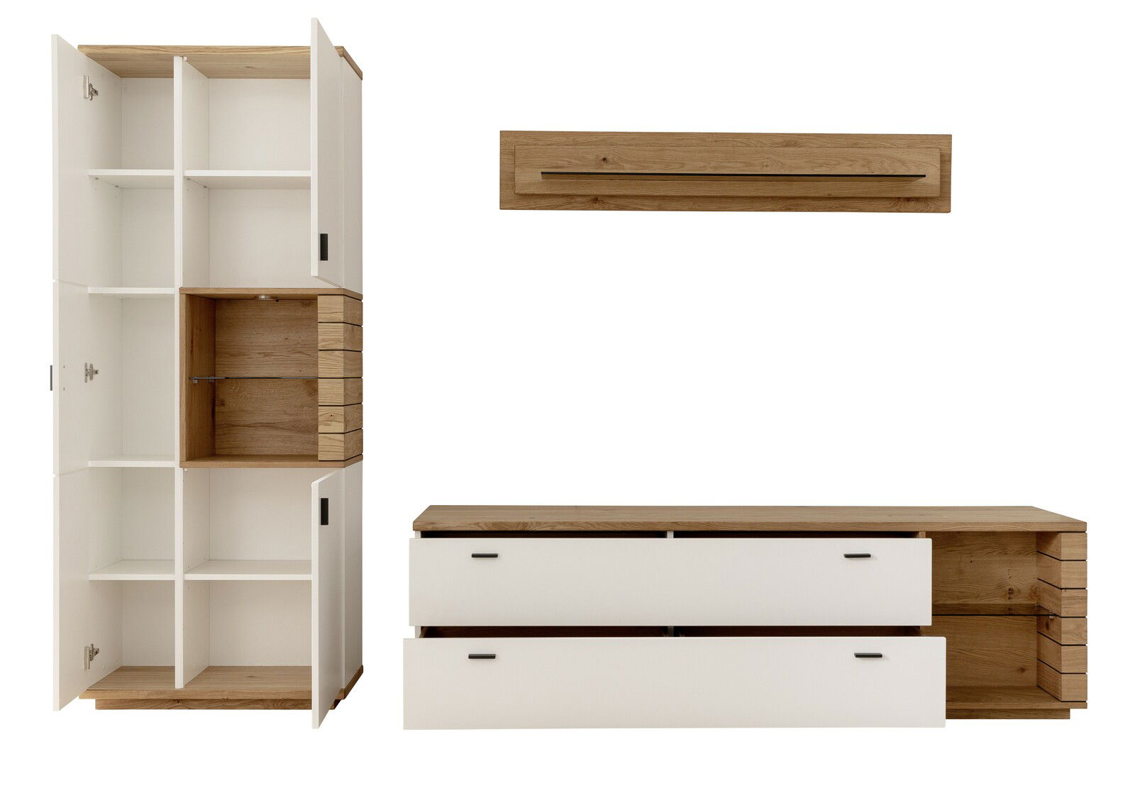Frontale Ansicht der Wandkombination Novel Manitoba mit offenen Schränken und Schubladen in Holzoptik und Weiß.