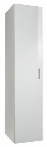 Weißer, schlichter Kleiderschrank mit einer Tür, seitliche Perspektive