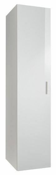 Weißer, schlichter Kleiderschrank mit einer Tür, seitliche Perspektive
