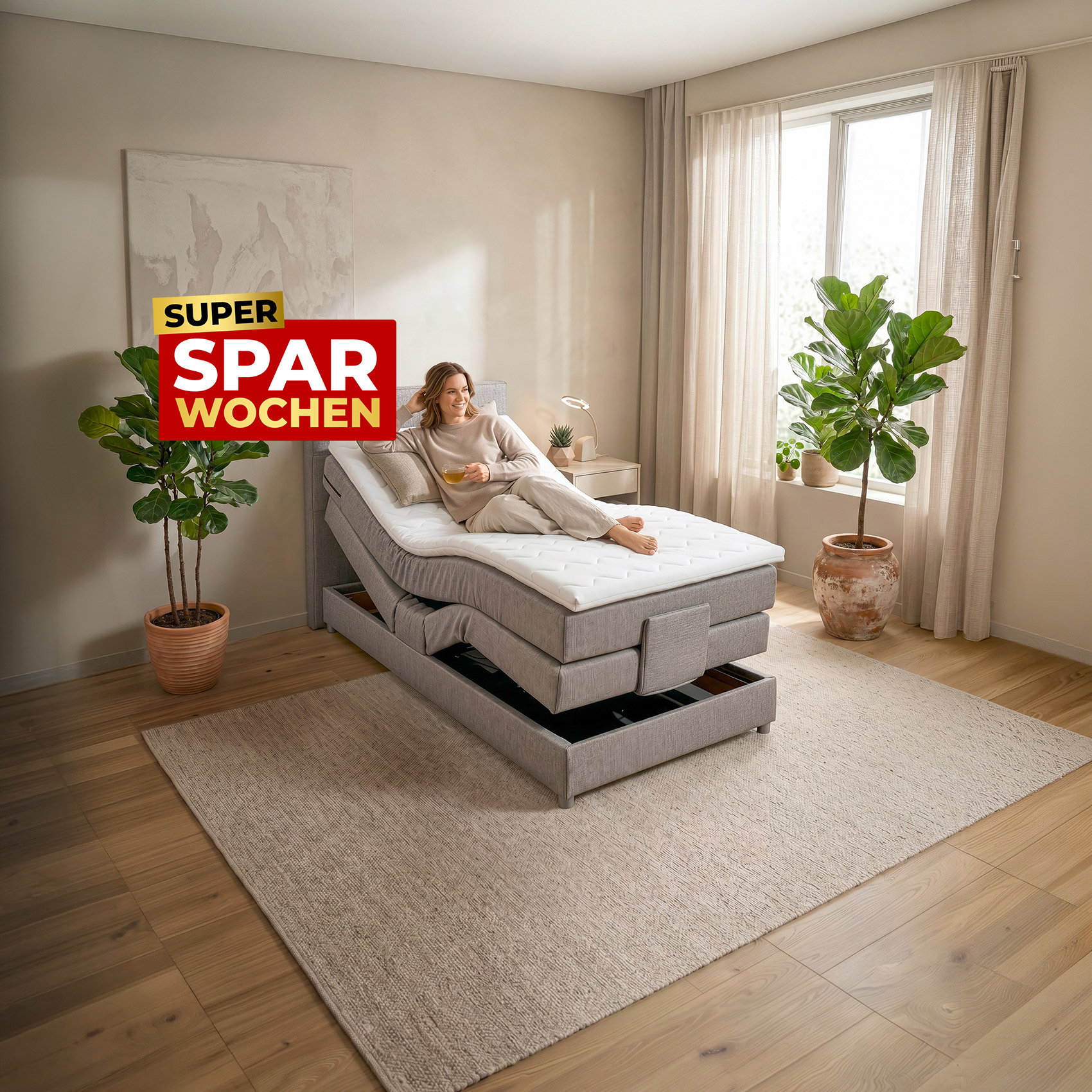 Frau entspannt auf verstellbarem Boxspringbett im hellen Schlafzimmer, Super Sparwochen-Angebot.