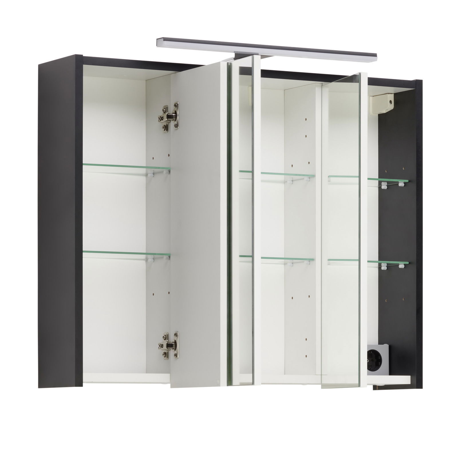 Moderner Spiegelschrank mit geöffneten Türen, Glasregalen und integrierter Beleuchtung, seitliche Perspektive.