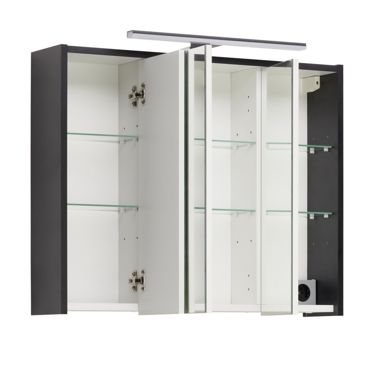 Moderner Spiegelschrank mit geöffneten Türen, Glasregalen und integrierter Beleuchtung, seitliche Perspektive.