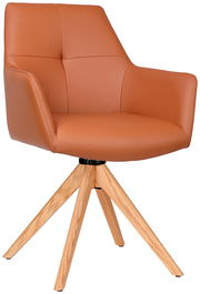 Moderner Armlehnstuhl mit braunem Lederbezug und Holzbeinen, seitliche Perspektive