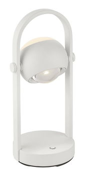 Weiße Akku-Tischleuchte CANNON von Musterring, frontal abgebildet mit rundem Leuchtkörper und gebogenem Tragegriff.