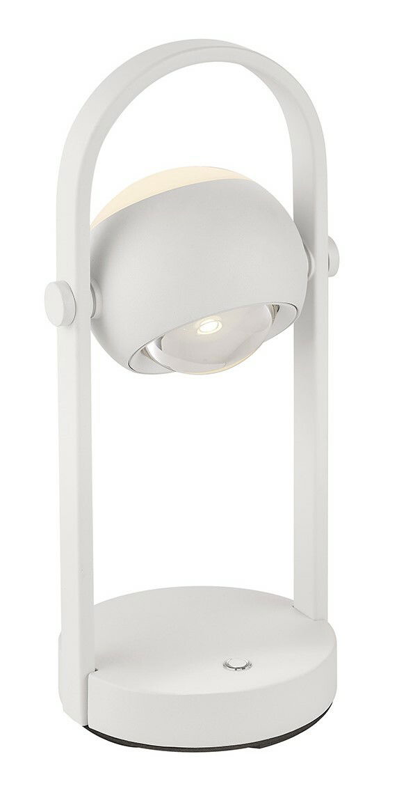 Weiße Akku-Tischleuchte CANNON von Musterring, frontal abgebildet mit rundem Leuchtkörper und gebogenem Tragegriff.