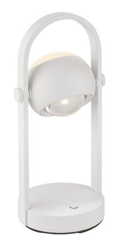 Witte accu-tafellamp CANNON van Musterring, hier van voren afgebeeld met een ronde lampkap en een gebogen handgreep.