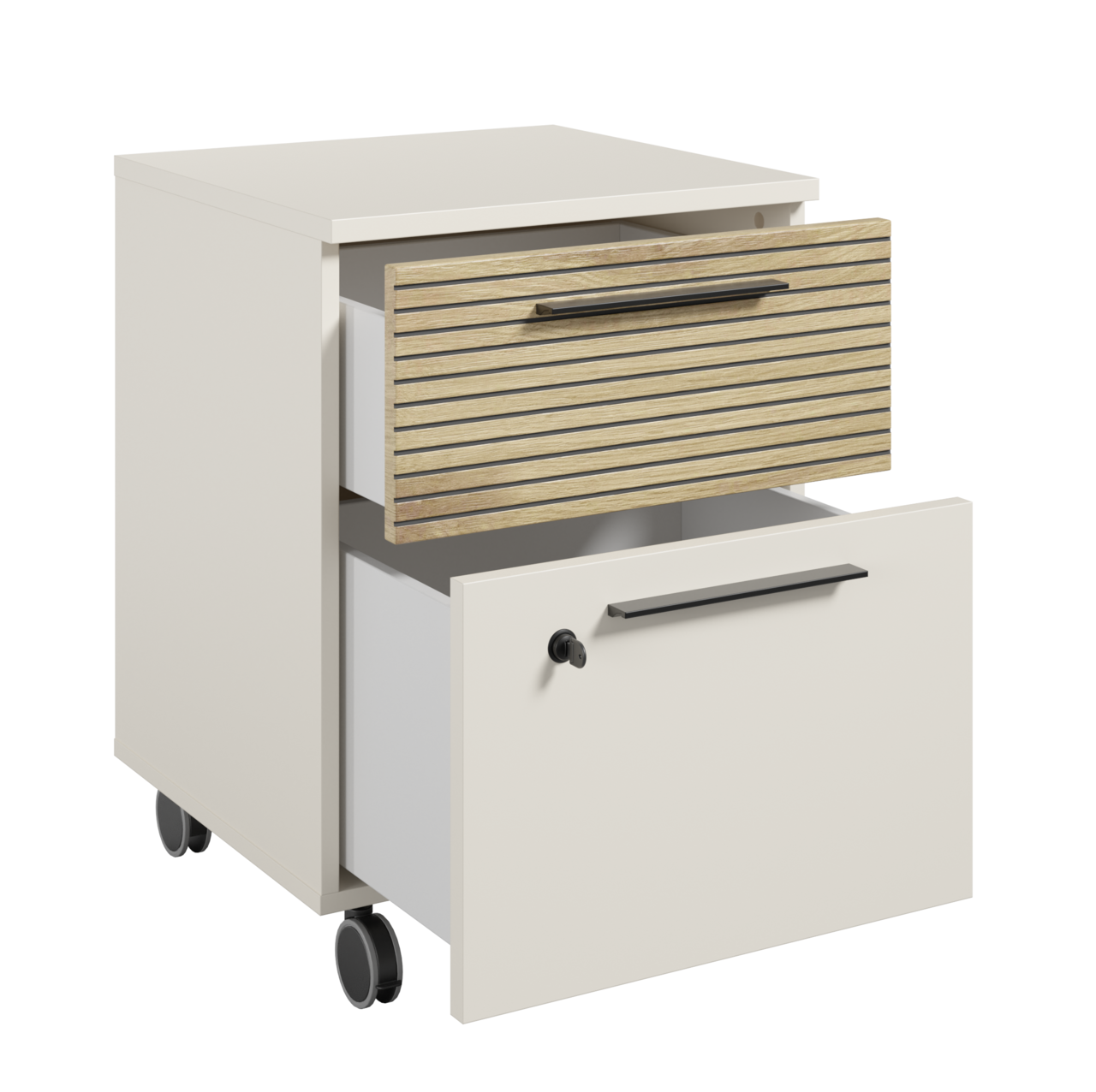 Rollcontainer mit zwei Schubladen, eine mit Holzoptik und die andere in Weiß, auf Rollen, perspektivisch von vorne links.
