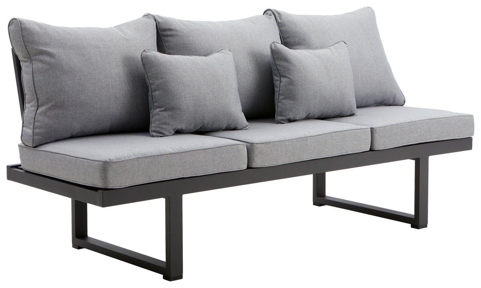 Graue Multifunktionsbank mit drei Sitzkissen und drei Rückenkissen, seitliche Perspektive