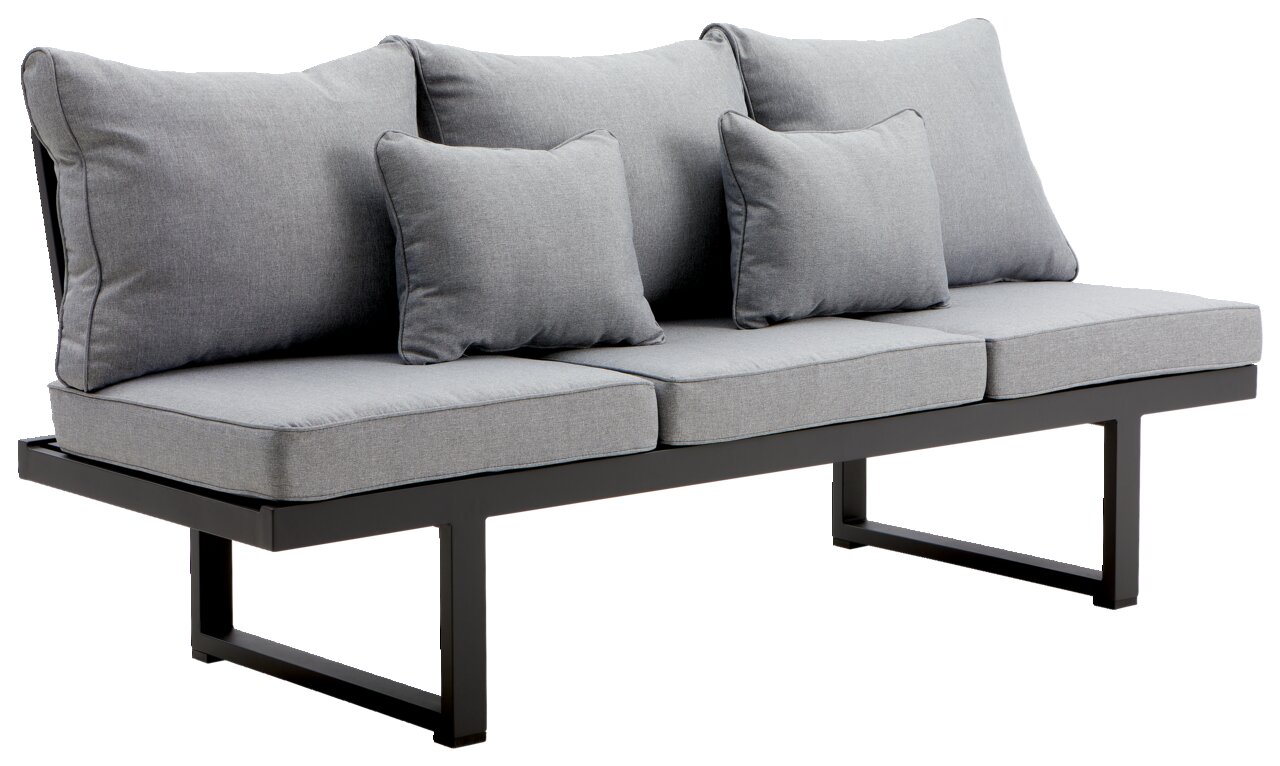 Graue Multifunktionsbank mit drei Sitzkissen und drei Rückenkissen, seitliche Perspektive