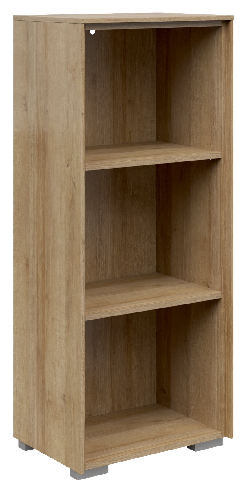 Holz-Aktenregal mit drei offenen Fächern, schmale Bauweise, seitliche Perspektive