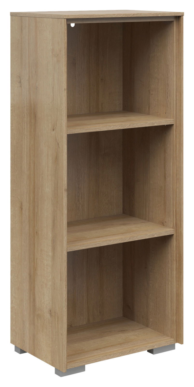 Holz-Aktenregal mit drei offenen Fächern, schmale Bauweise, seitliche Perspektive