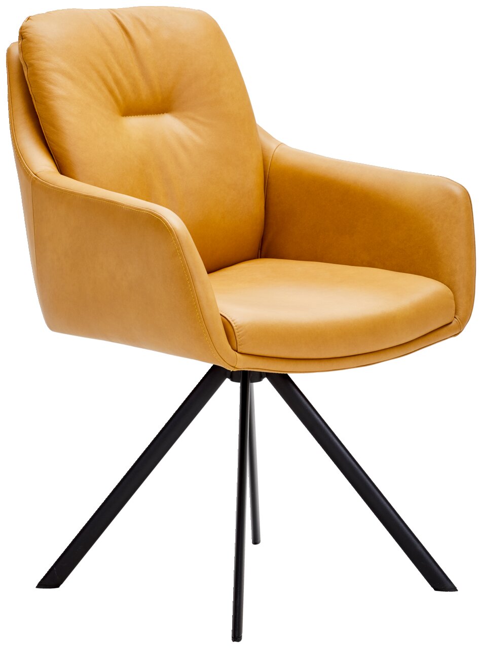 Moderne fauteuil in mosterdgeel met een zwart metalen frame, zijaanzicht