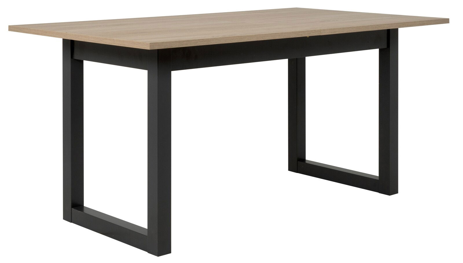 Moderner Esstisch mit Holzplatte und schwarzen Metallbeinen, seitliche Perspektive