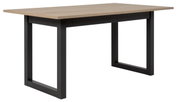 Moderne eettafel met houten blad en zwarte metalen poten, zijaanzicht