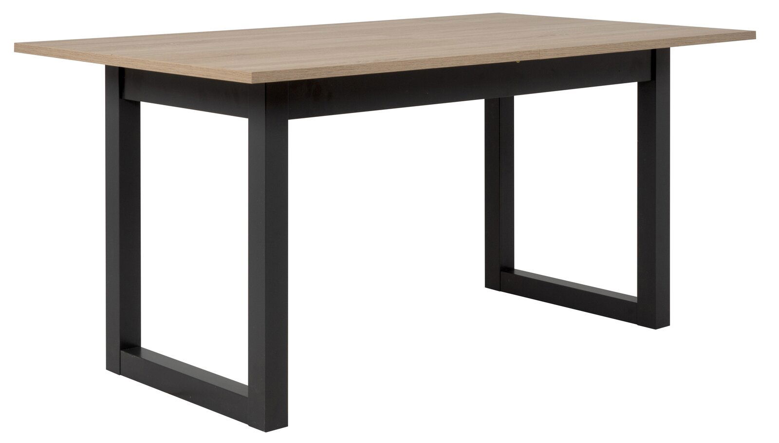 Moderner Esstisch mit Holzplatte und schwarzen Metallbeinen, seitliche Perspektive