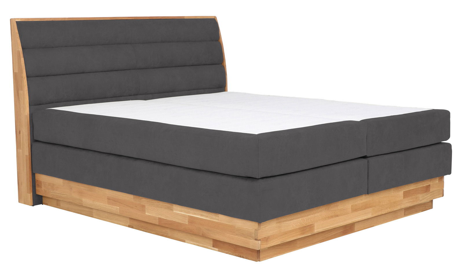 Z2 Boxspringbett MARISSA Boxspringbett mit grauem Polster und Holzrahmen, seitliche Perspektive