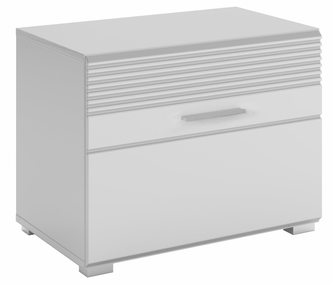 Weiße Sitzbank mit Schublade, seitliche Perspektive