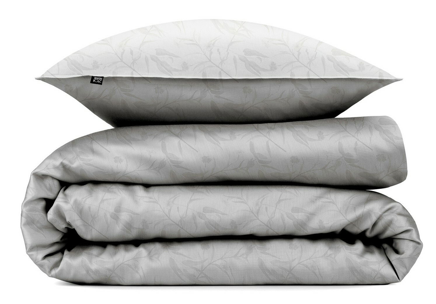 Graue Bettwäsche mit floralem Muster, seitliche Perspektive