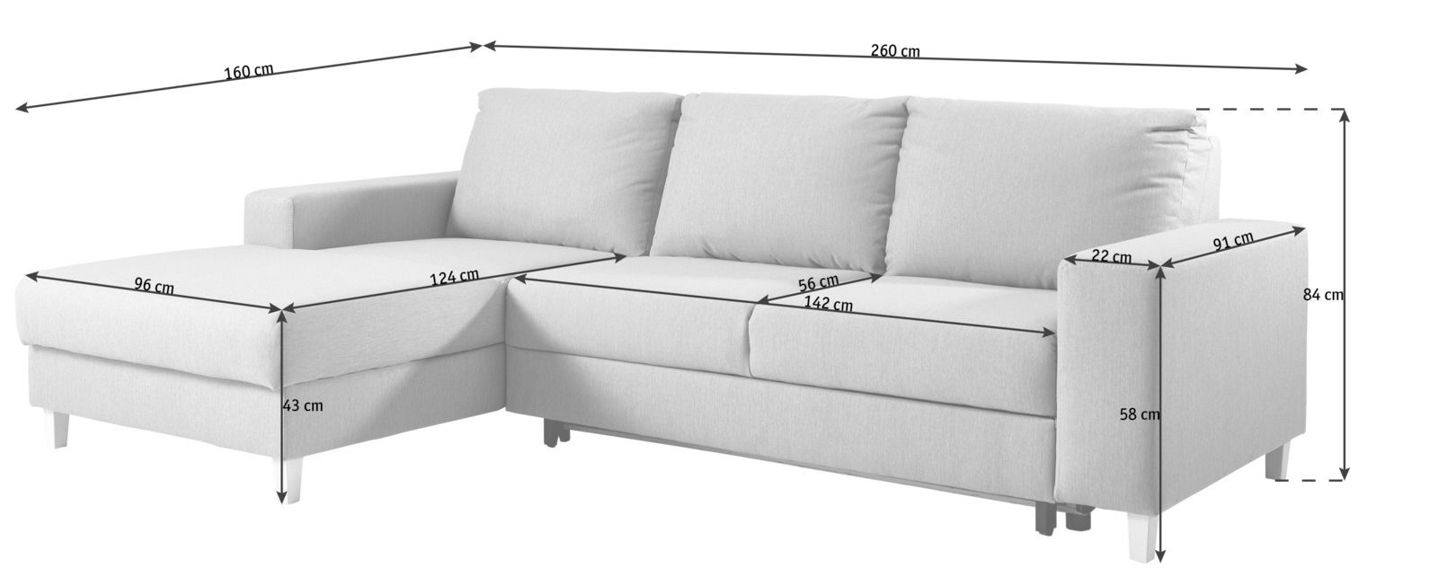 Rundecke Ottli (L) in hellem Stoff, perspektivische Ansicht von vorne links mit sichtbaren Maßen.