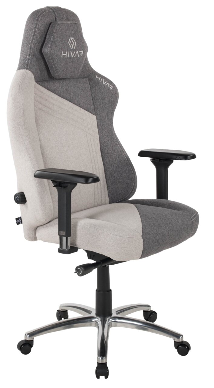 HIVAR Gaming Stuhl SKYLAR XL Grauer und beiger Gaming-Stuhl mit verstellbaren Armlehnen und stabiler Metallbasis, seitliche Perspektive