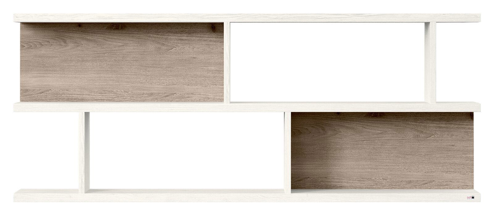 Frontale Ansicht eines modernen Wandboards mit zwei Regalböden und Holzoptik.