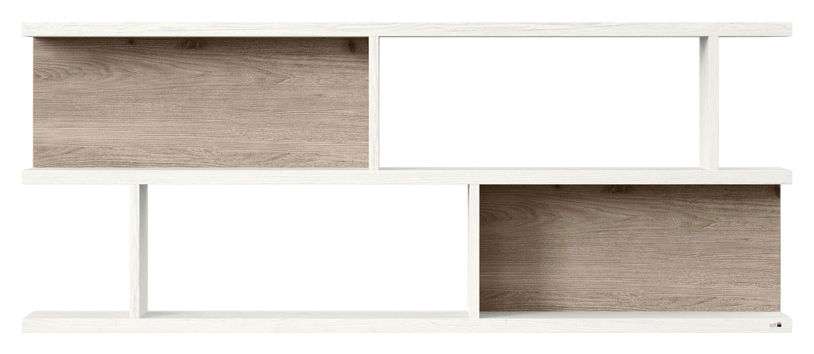 Frontale Ansicht eines modernen Wandboards mit zwei Regalböden und Holzoptik.