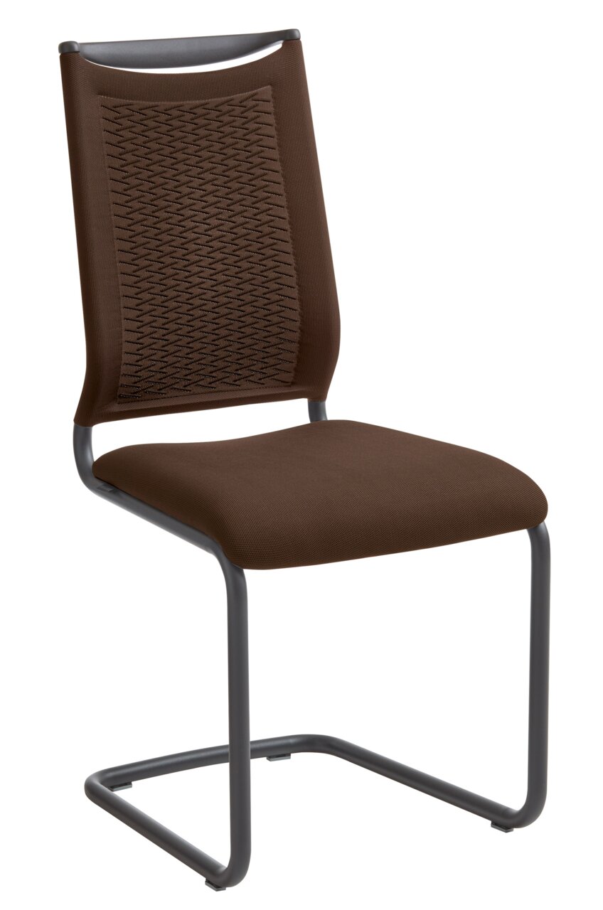 Brauner Freischwinger-Stuhl mit Metallgestell, seitliche Perspektive