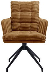 Brauner Armlehnstuhl mit geripptem Stoffbezug und schwarzem Metallgestell, Frontalansicht