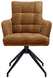 Brauner Armlehnstuhl mit geripptem Stoffbezug und schwarzem Metallgestell, Frontalansicht