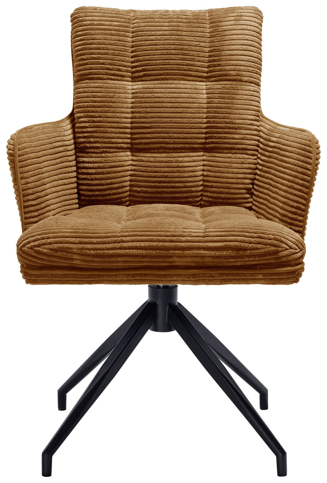 Brauner Armlehnstuhl mit geripptem Stoffbezug und schwarzem Metallgestell, Frontalansicht