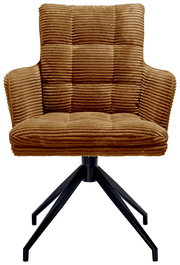 Brauner Armlehnstuhl mit geripptem Stoffbezug und schwarzem Metallgestell, Frontalansicht