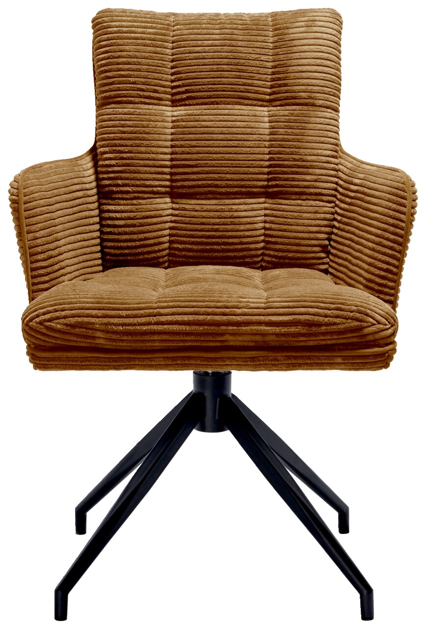 Brauner Armlehnstuhl mit geripptem Stoffbezug und schwarzem Metallgestell, Frontalansicht