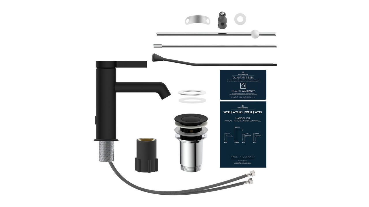 Schwarze Waschtischarmatur mit Zubehör, seitliche Perspektive