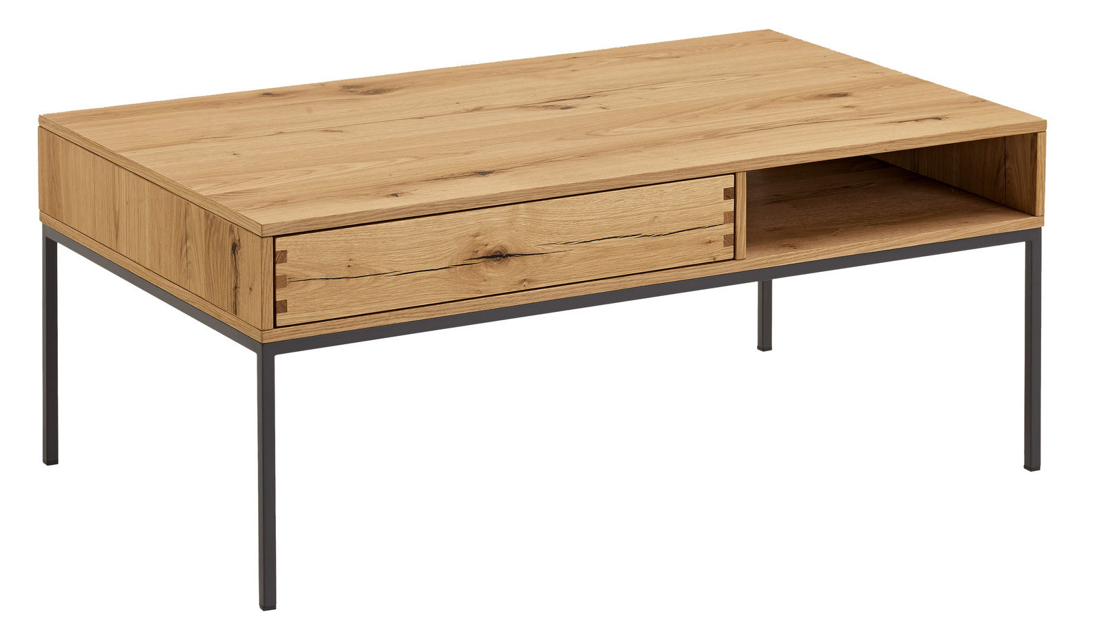 Moderner Couchtisch aus Holz mit Metallbeinen, seitliche Perspektive