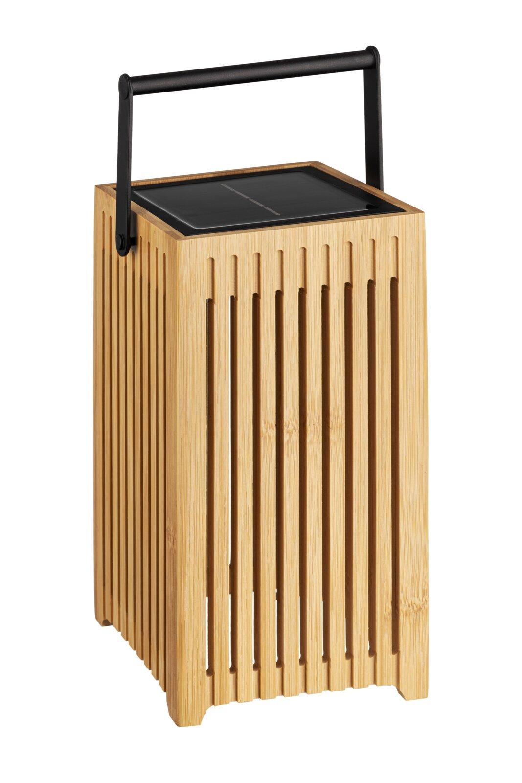 Solarleuchte aus Holz mit schwarzem Griff, seitliche Perspektive