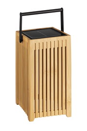 Solarleuchte aus Holz mit schwarzem Griff, seitliche Perspektive
