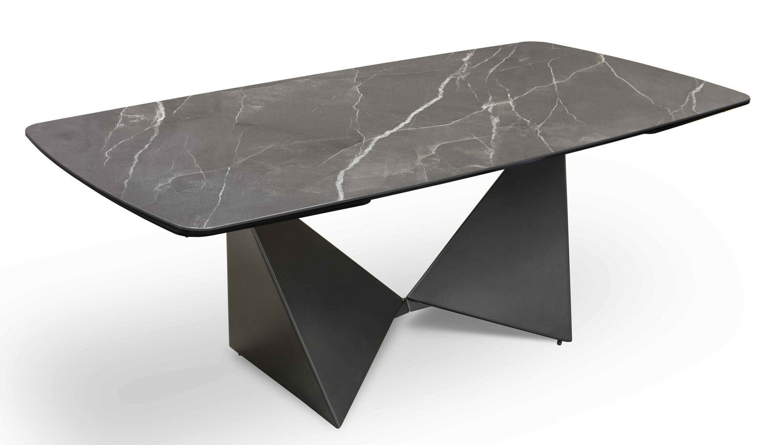 Moderner Esstisch mit dunkler Marmoroptik-Tischplatte und geometrischem Metallgestell, seitliche Perspektive.