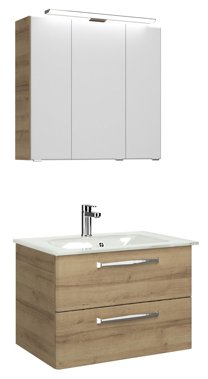 Pelipal Badblock TRENTINO Moderner Badblock mit Holzoptik und weißem Waschbecken, Frontansicht