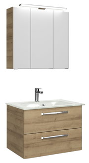 Moderner Badblock mit Holzoptik und weißem Waschbecken, Frontansicht
