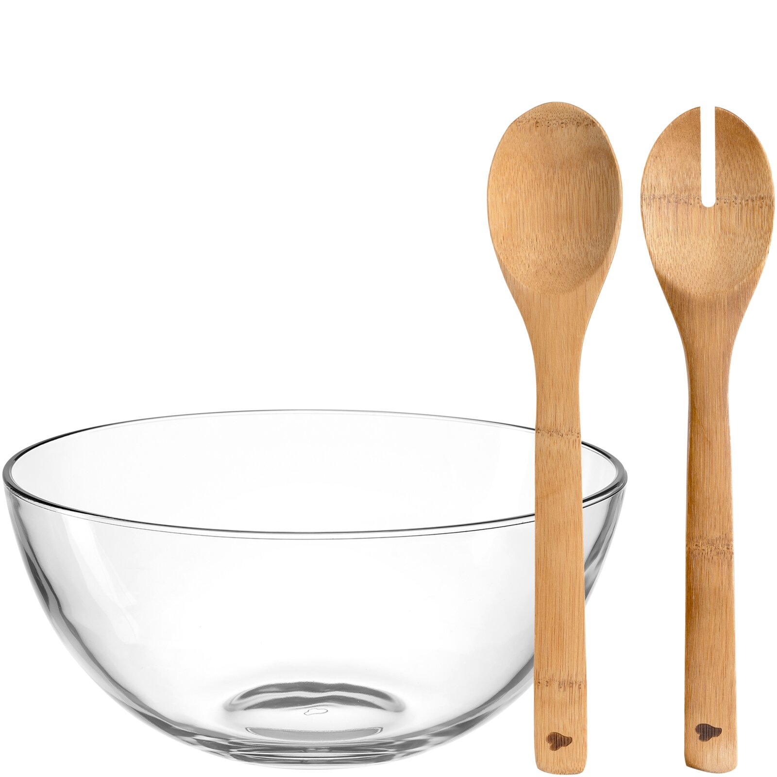 Glas-Schale mit Salatbesteck aus Holz, seitliche Perspektive