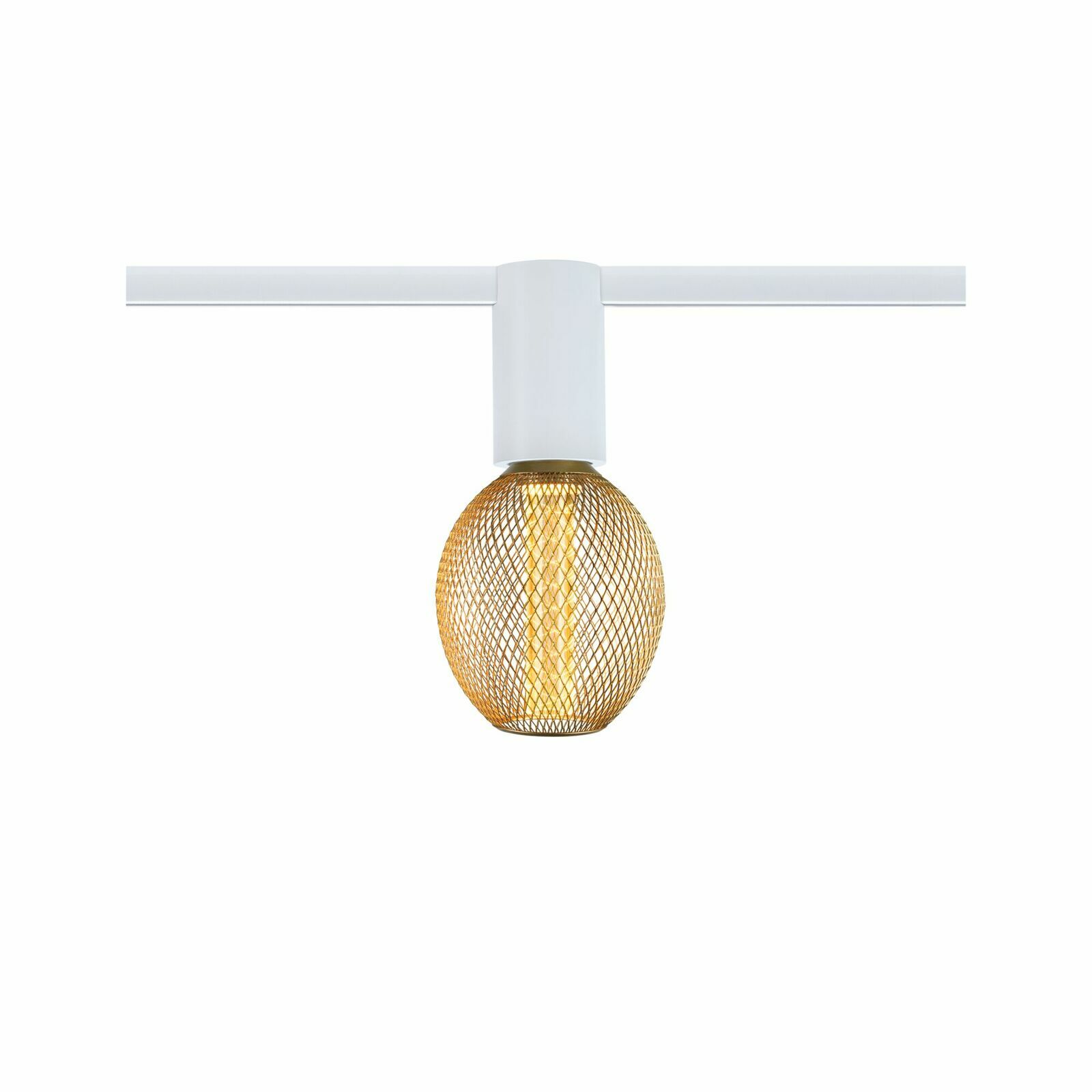 Deckenfassung mit einem goldenen, kugelförmigen Gitterdesign, frontal betrachtet.