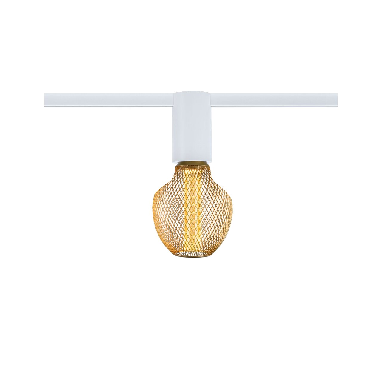 Deckenfassung mit einem goldenen, kugelförmigen Gitterdesign, frontal betrachtet.