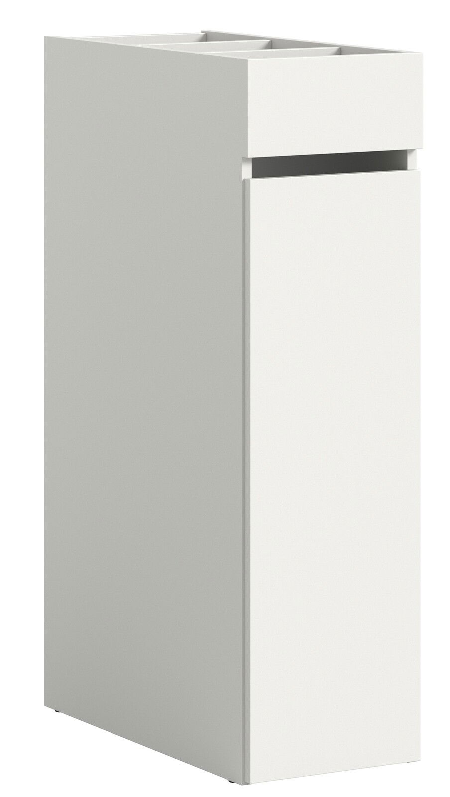 Weißes Anstellregal in schräger Perspektive von vorne, mit modernem Design und glatter Oberfläche.