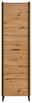 Frontansicht eines modernen Garderobenschranks aus Holz mit dunklen Akzenten und einer minimalistischen Griffleiste.
