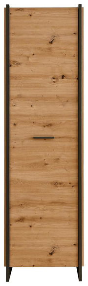 Frontansicht eines modernen Garderobenschranks aus Holz mit dunklen Akzenten und einer minimalistischen Griffleiste.