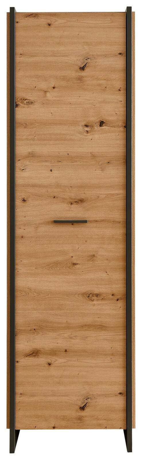 Frontansicht eines modernen Garderobenschranks aus Holz mit dunklen Akzenten und einer minimalistischen Griffleiste.