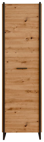 Frontansicht eines modernen Garderobenschranks aus Holz mit dunklen Akzenten und einer minimalistischen Griffleiste.