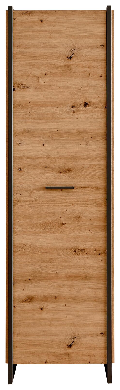 Frontansicht eines modernen Garderobenschranks aus Holz mit dunklen Akzenten und einer minimalistischen Griffleiste.