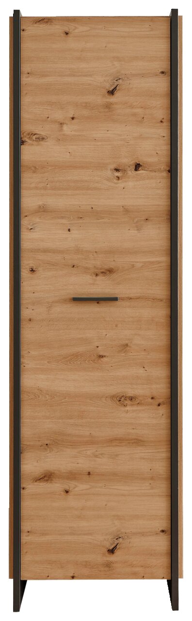 Frontansicht eines modernen Garderobenschranks aus Holz mit dunklen Akzenten und einer minimalistischen Griffleiste.